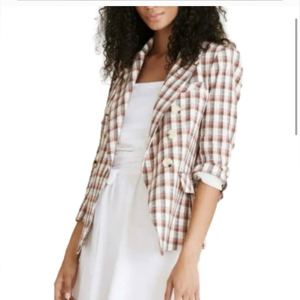 Joie Brown and Cream Blazer Double-Breasted Suit Jacket